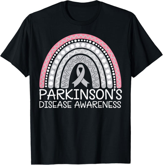Parkinson's Fighter Gray Riboon -Adults Parkinson's Disease Awareness - Black, Small, Short Sleeve, Crew Collar, Letter Print T-Shirt - T-Shirt | Black