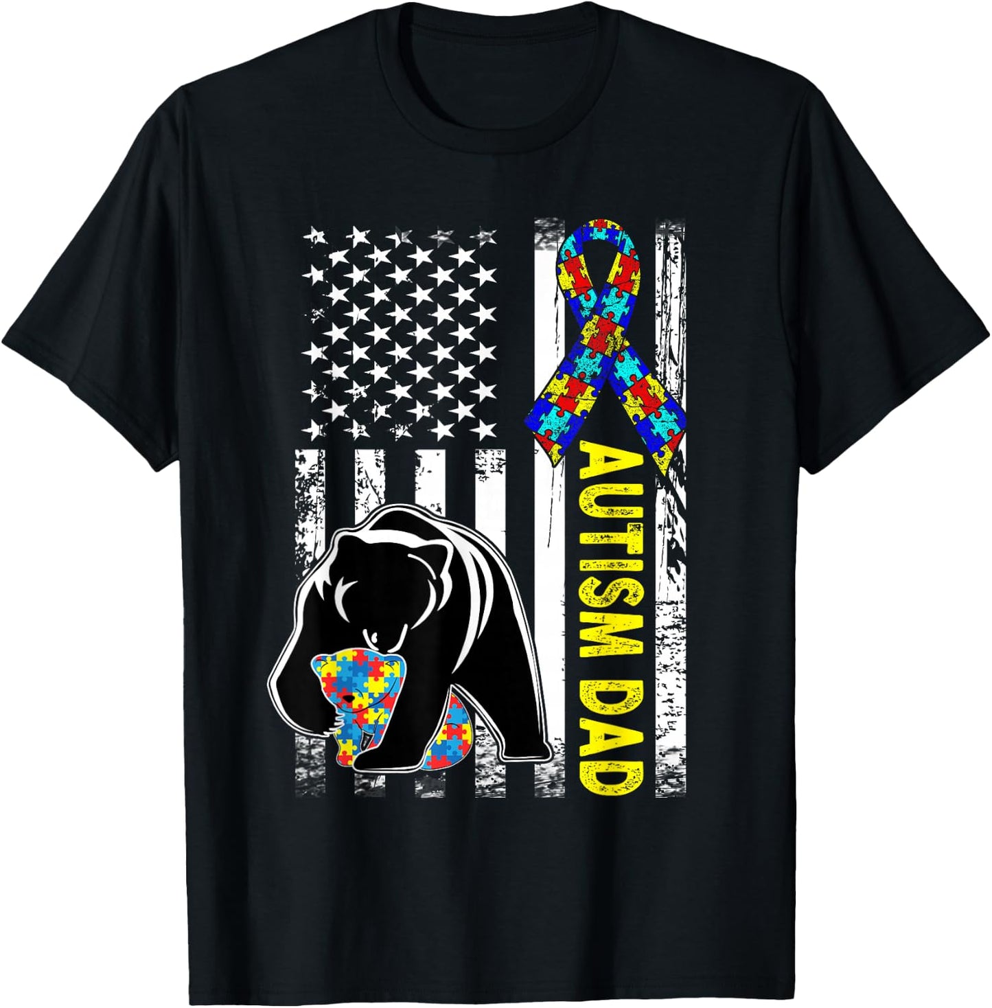 Dad Autism Awareness American Flag Fathers Day Daddy Small T-Shirt - T-Shirt | Black