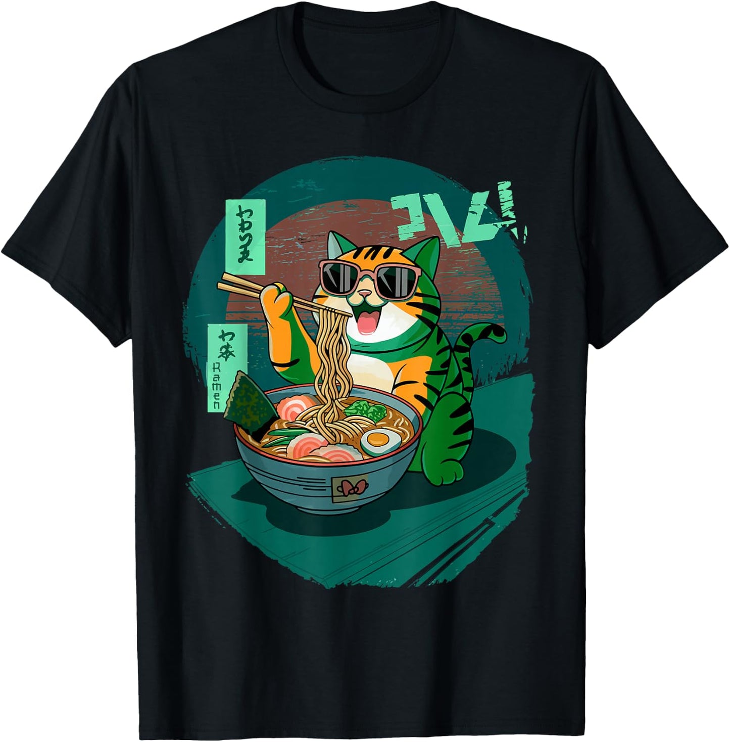 Funny Cat Eating Ramen Graphic Japanese Kawaii Anime T-Shirt - T-Shirt | Black