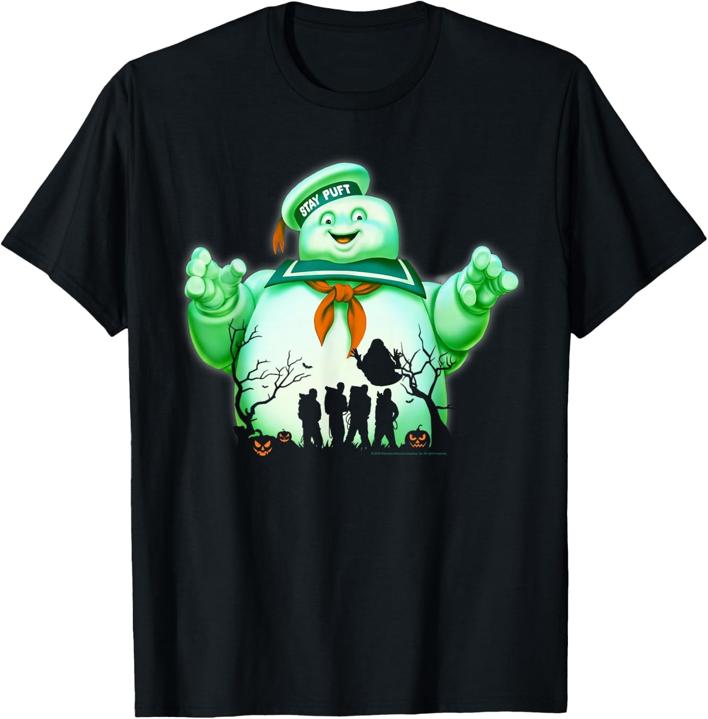 Ghostbusters Marshmallow Man Group Shot Silhouette T-Shirt - T-Shirt | Black