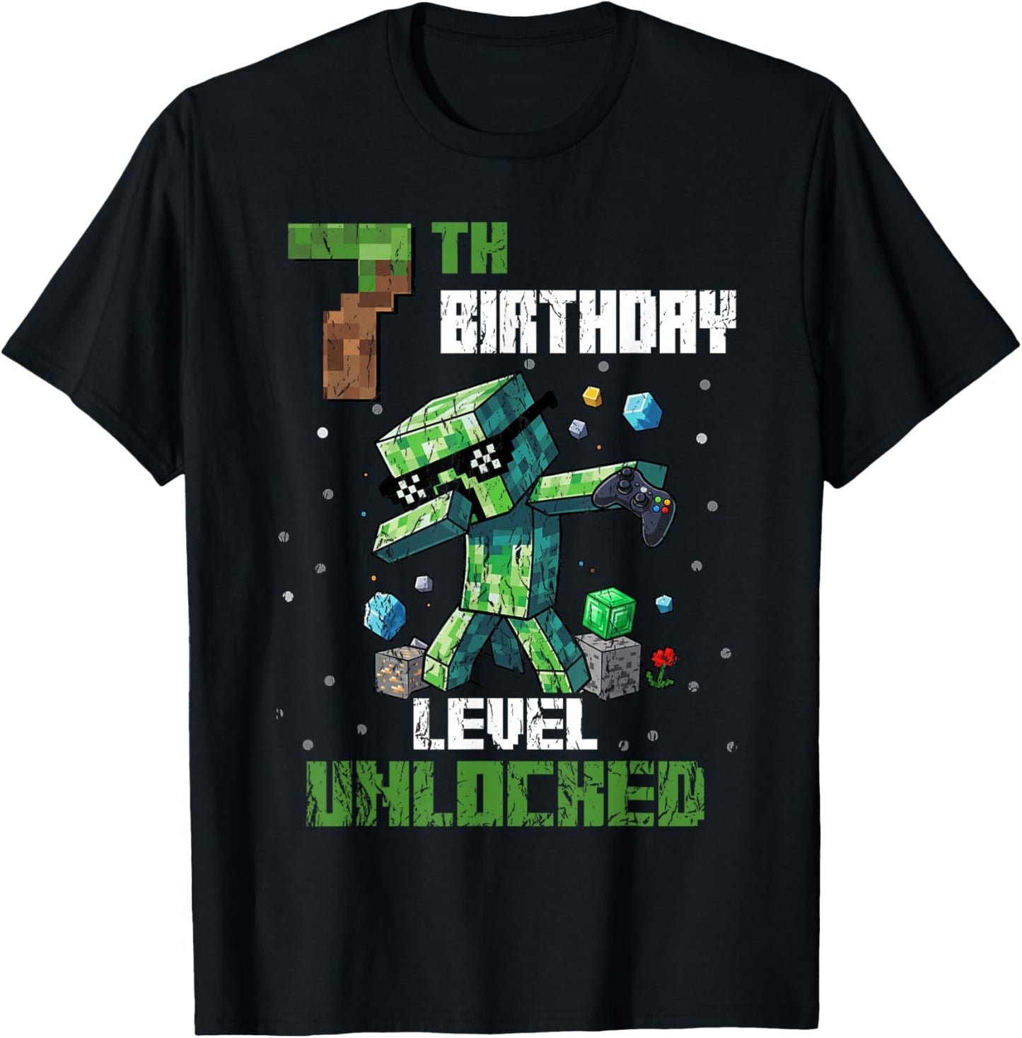 7th Birthday Level Unlocked Pixel Dab 7 Bday Gamer Kids Boys T-Shirt - T-Shirt | Black