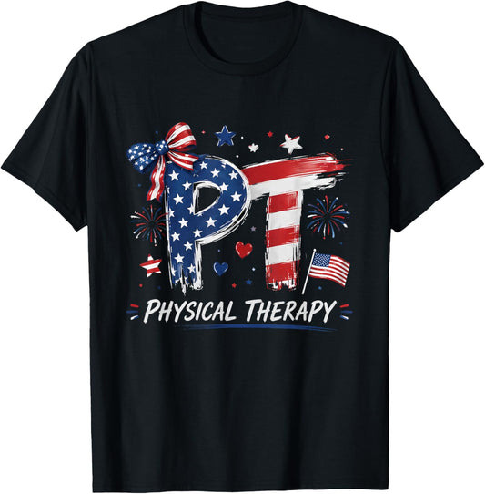 4th of July PT Therapist American Flag Physical Therapy T-Shirt - T-Shirt | Black