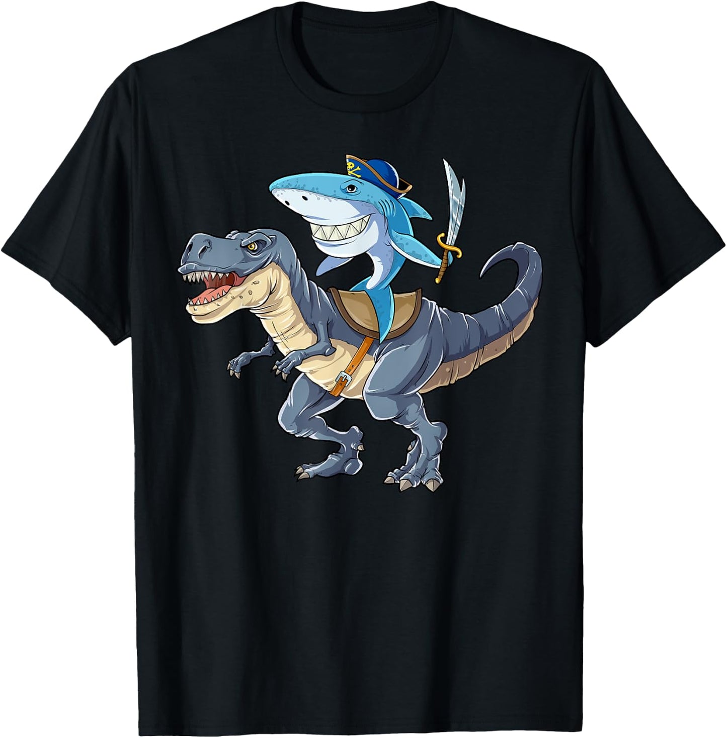Shark Riding Dinosaur T rex T Shirt Pirate Jawsome Kids T-Shirt - T-Shirt | Black