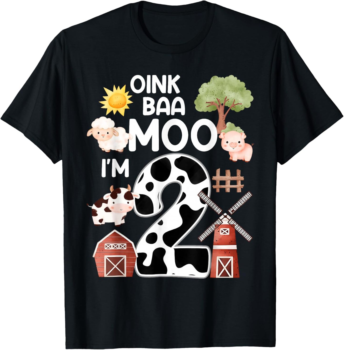 I'm 2 Oink Baa Moo Farm Birthday 2 Year Old Kids Animals T-Shirt - T-Shirt | Black