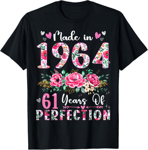 61 Year Old Made In 1964 Floral 61th Birthday Women T-Shirt - T-Shirt | Black