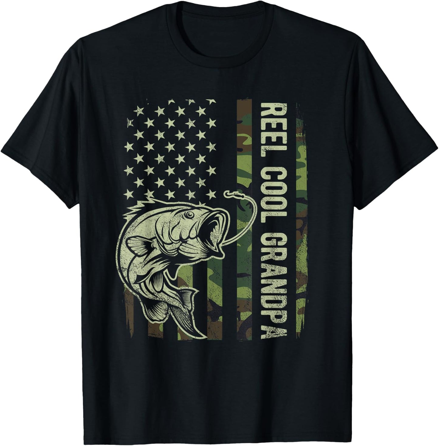 Reel Cool Grandpa Camouflage American Flag Fathers Day T-Shirt - T-Shirt | Black
