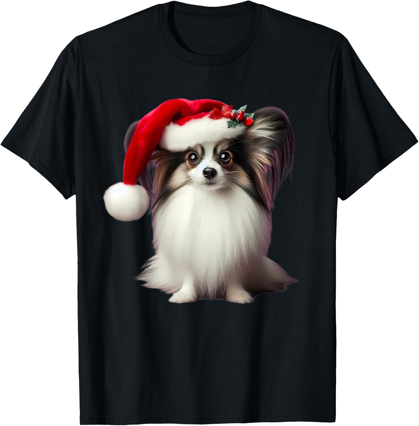 Papillion With Santa Hat Christmas Xmas Dog Owner Mom Dad T-Shirt - T-Shirt | Black