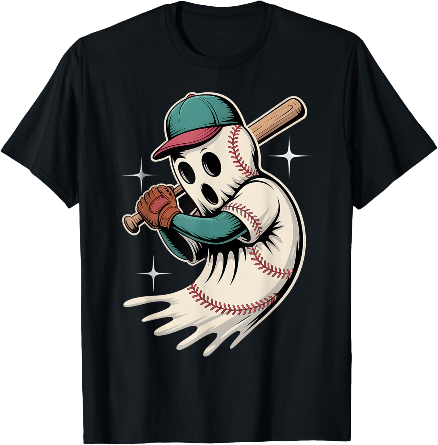 Baseball Ghost Halloween Sports Design T-Shirt - T-Shirt | Black