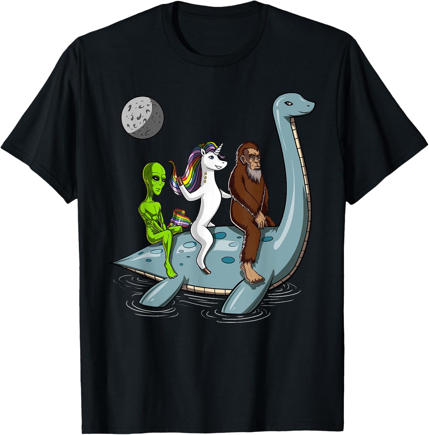 Alien Bigfoot Unicorn Riding Loch Ness Monster Cryptozoology T-Shirt - T-Shirt | Black