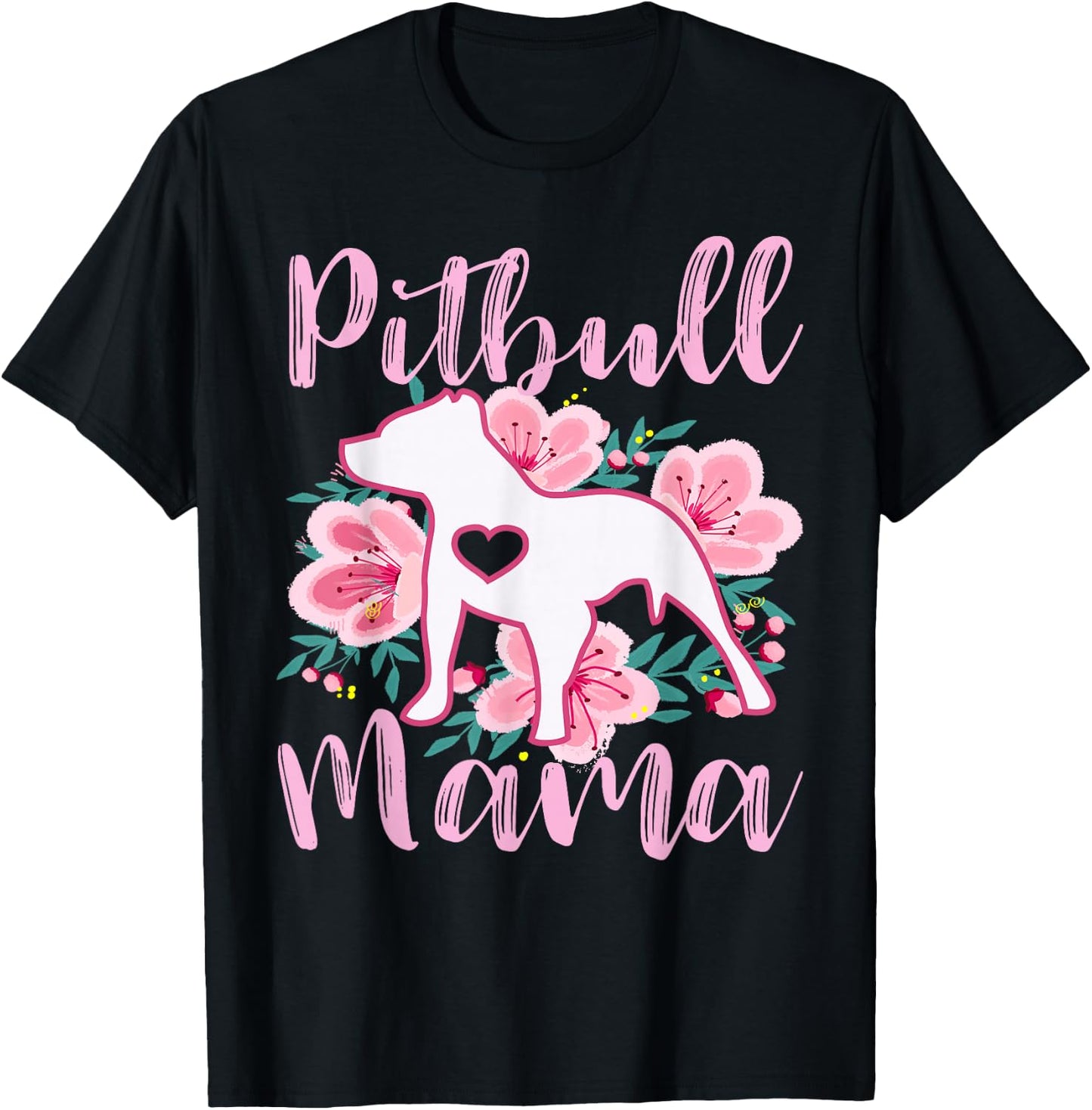 Pitbull Mama Pink Flowers Cute Pit Bull Lover Pitbulls Mom T-Shirt - T-Shirt | Black