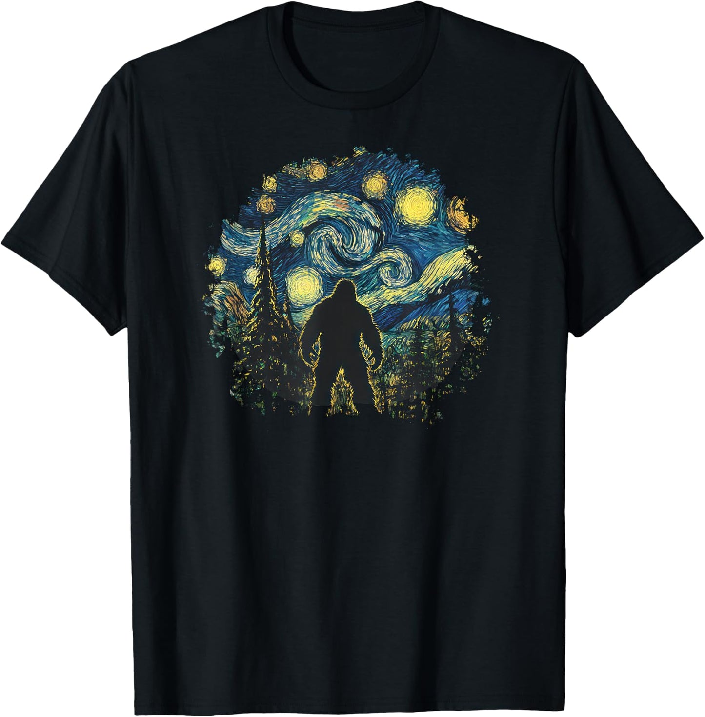Bigfoot Starry Night Sasquatch Sky Painting Art Graphic T-Shirt - T-Shirt | Black