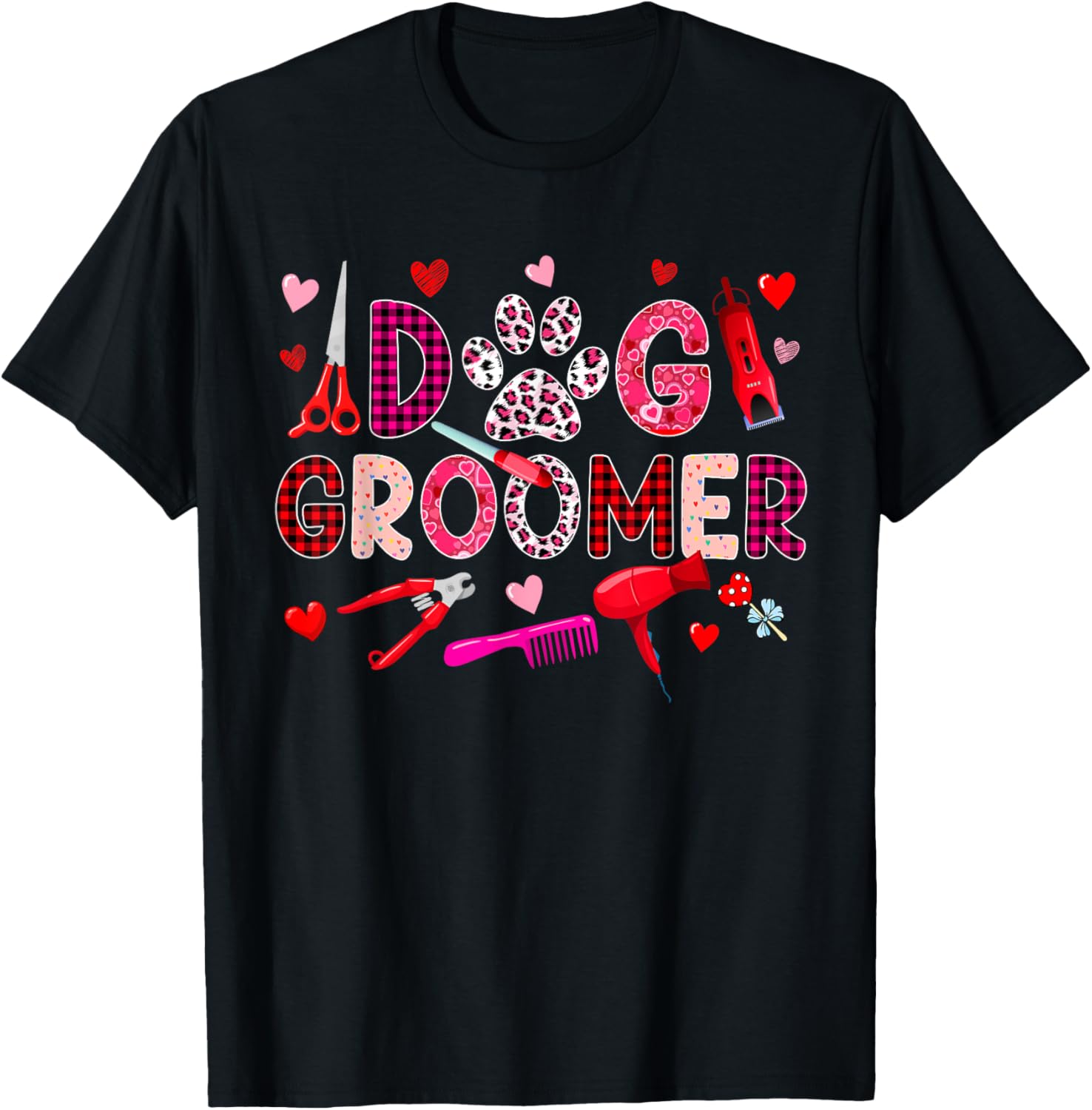Dog Groomer Tools Valentine's Day Leopard Cute Hearts T-Shirt - T-Shirt | Black