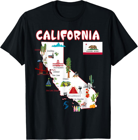 Map of California Landmarks, Major Cities, Flag T-Shirt - T-Shirt | Black
