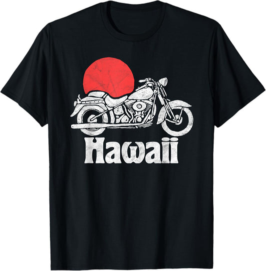 Hawaii Vintage Motorcycle & Sun Minimalist Retro Graphic T-Shirt - T-Shirt | Black