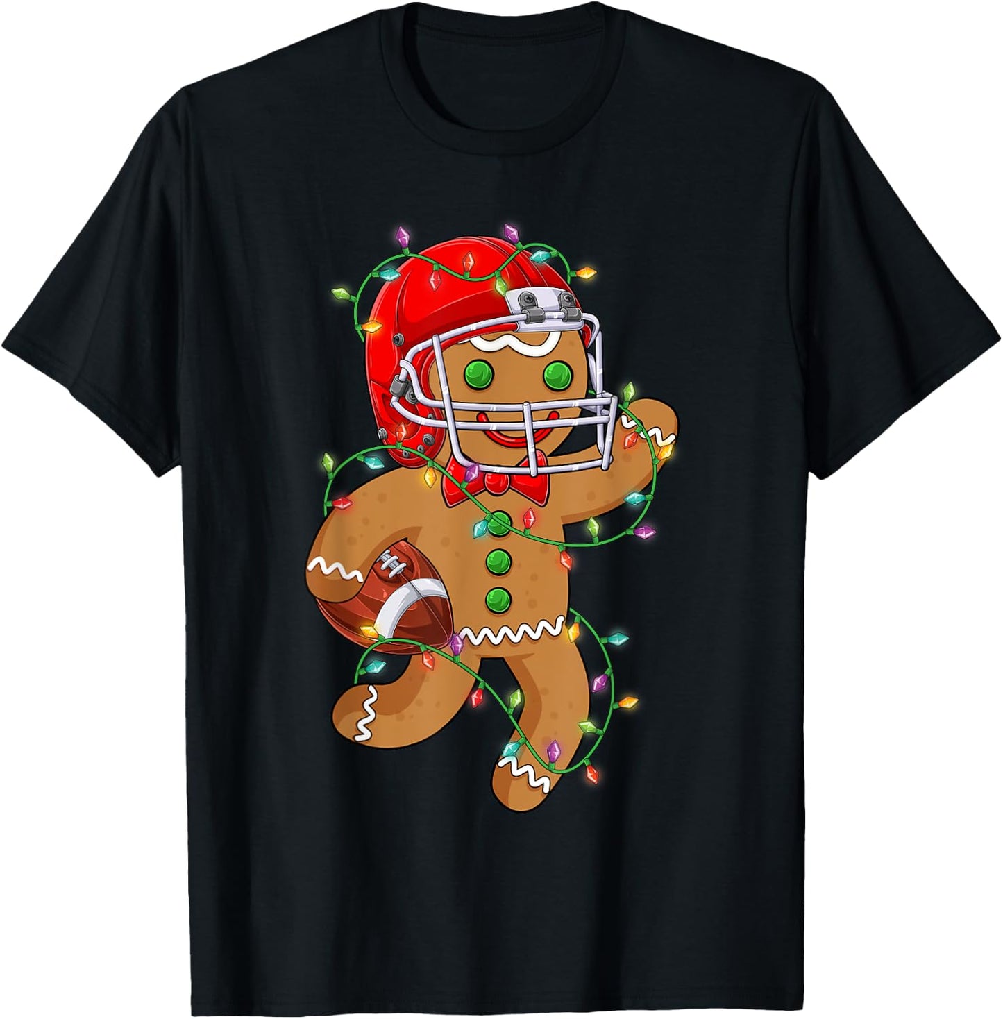 Funny Gingerbread Playing American Football Christmas Lights T-Shirt - T-Shirt | Black