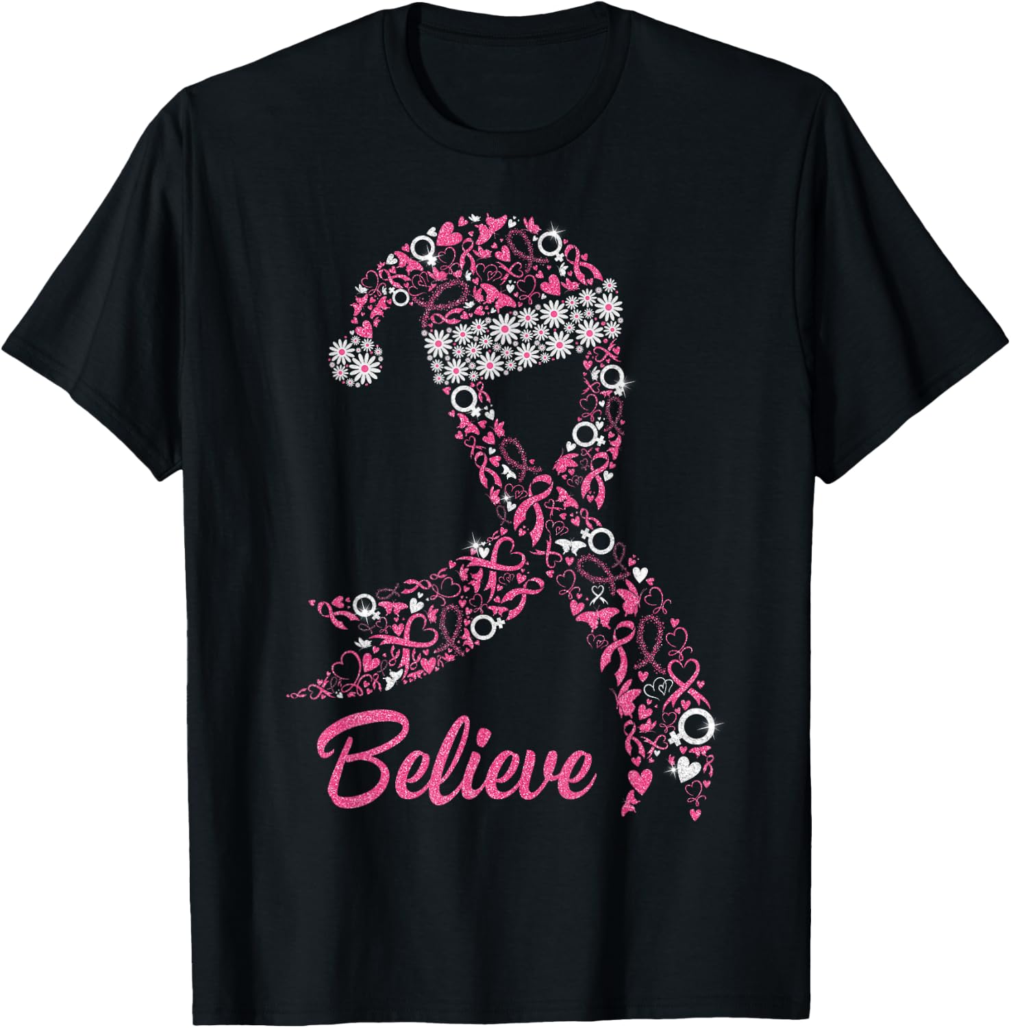 Pink Ribbon Santa Hat Breast Cancer Awareness Christmas Day T-Shirt - T-Shirt | Black