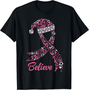 Pink Ribbon Santa Hat Breast Cancer Awareness Christmas Day T-Shirt - T-Shirt | Black