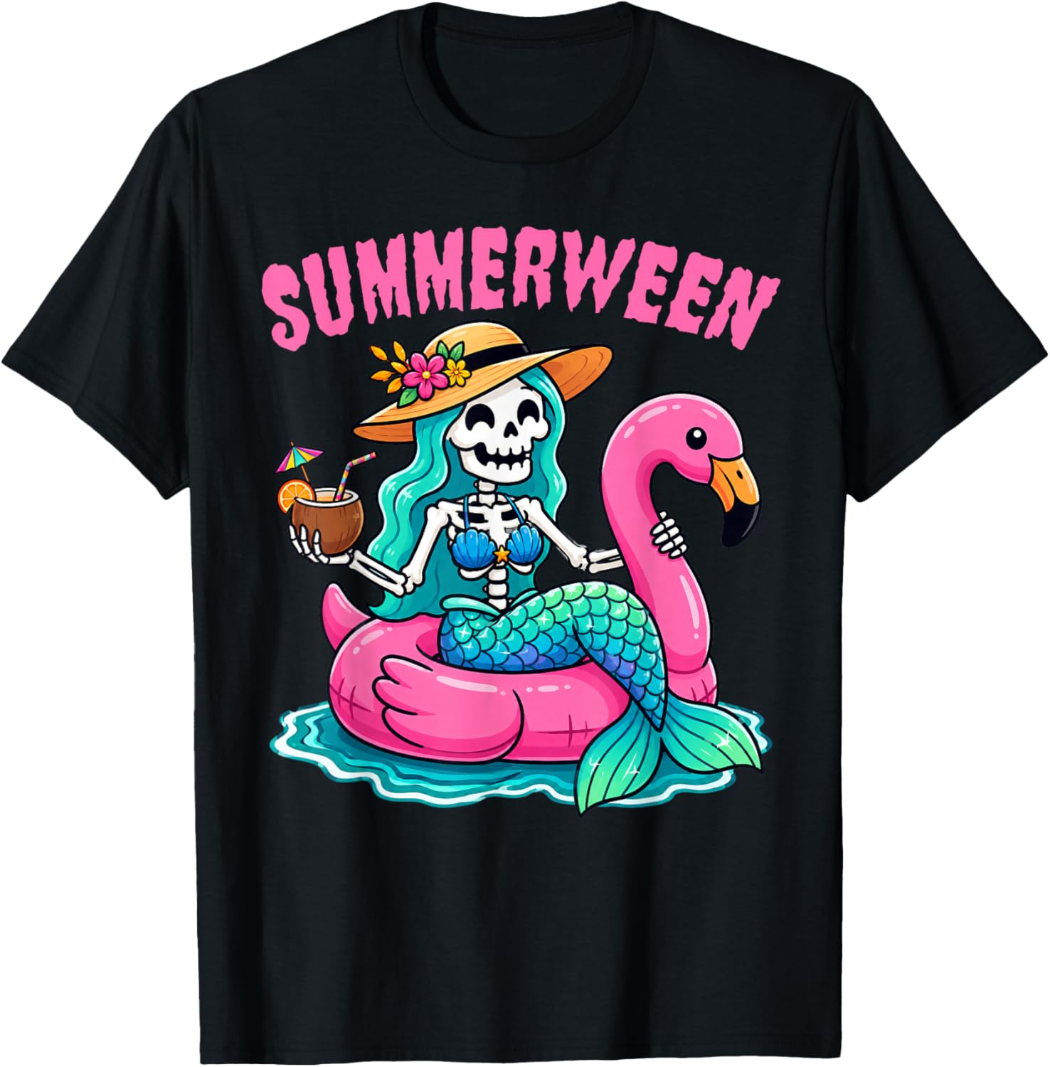 Summerween Skeleton Mermaid Beach Flamingo Halloween Girl T-Shirt - T-Shirt | Black