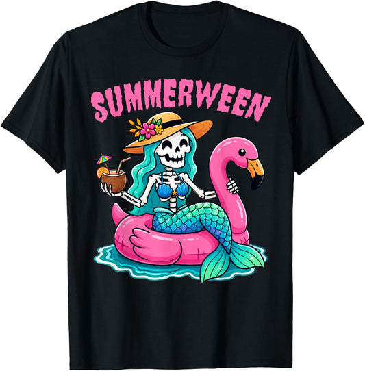 Summerween Skeleton Mermaid Beach Flamingo Halloween Girl T-Shirt - T-Shirt | Black