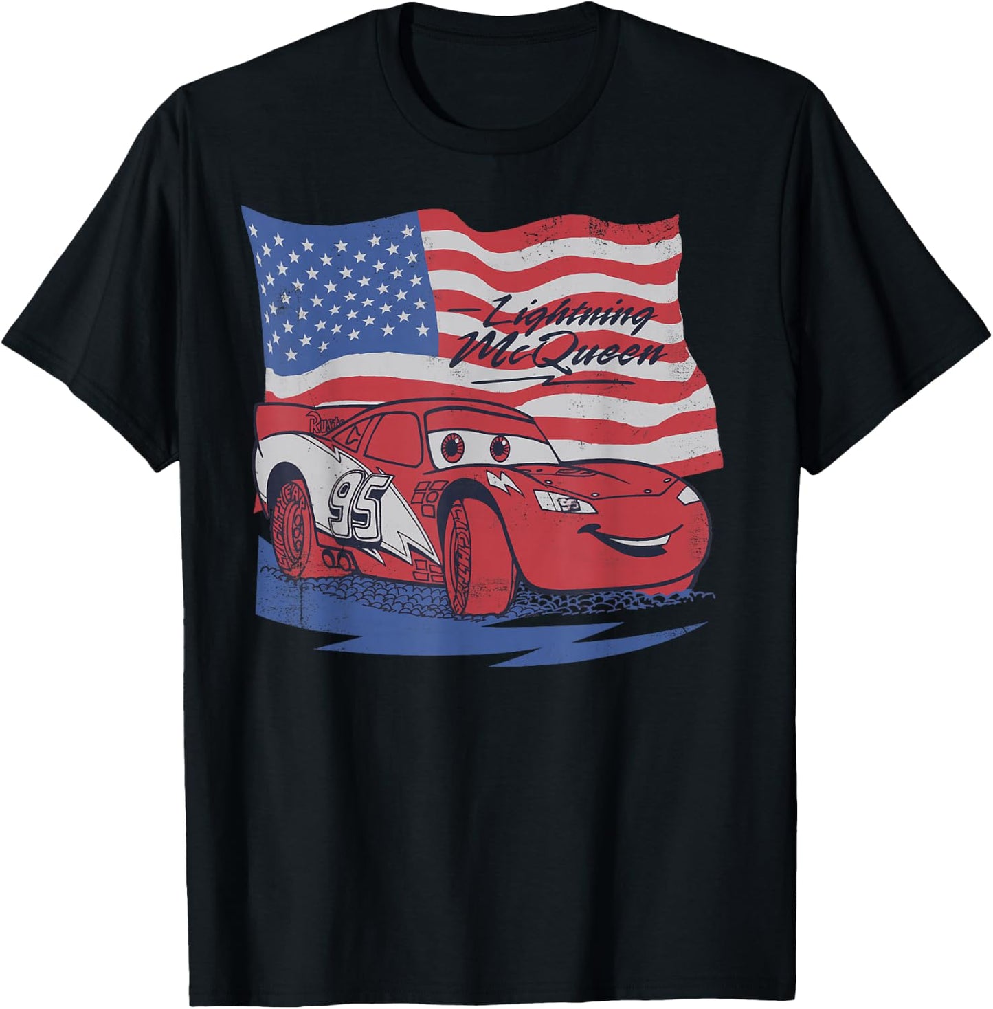 Disney Pixar Cars US Flag Lightning McQueen Retro T-Shirt - T-Shirt | Black