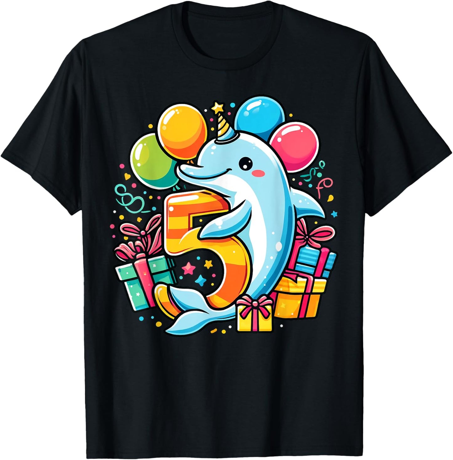 Kids Dolphin Theme fifth Bday Party 5th Dolphin Birthday T-Shirt - T-Shirt | Black