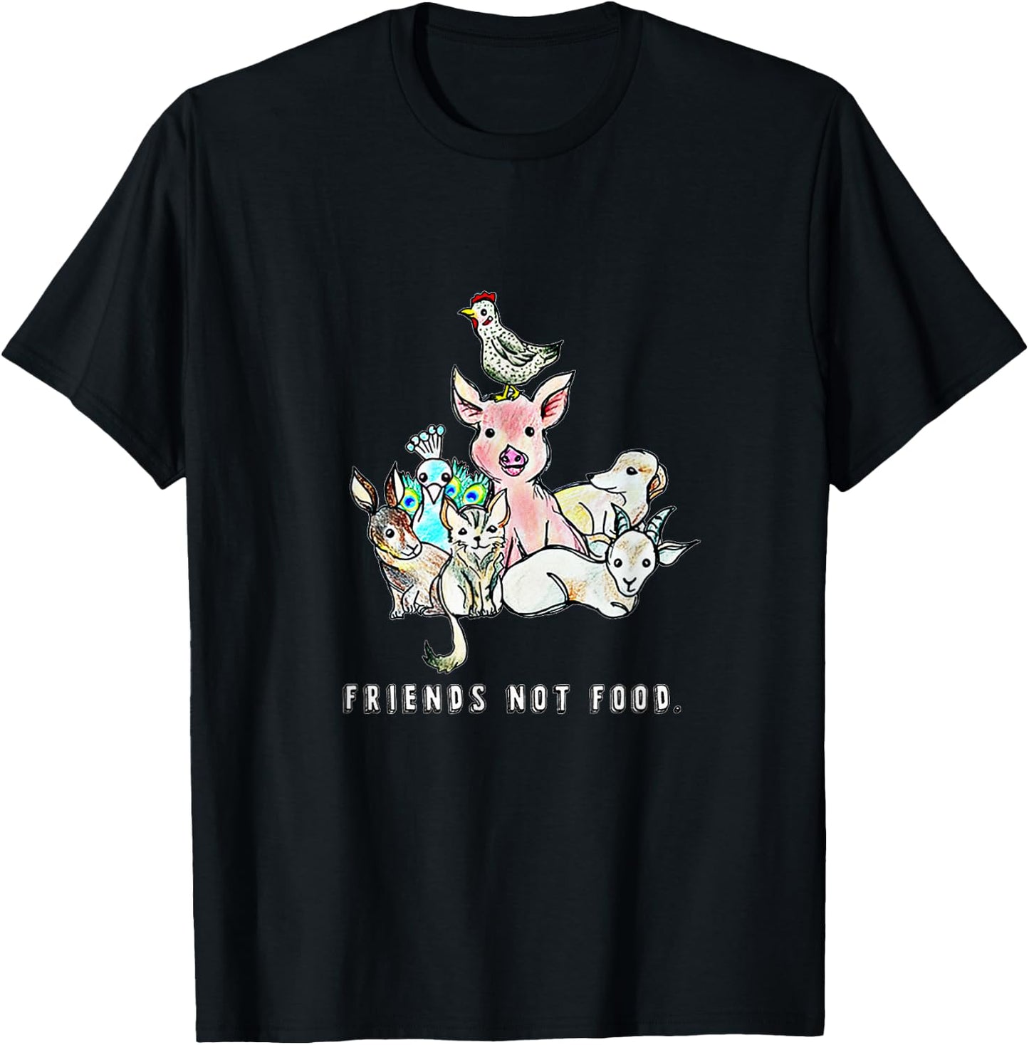 Animals are Friends not Food Pig Cow Sheep Vegan Vegetarian T-Shirt - T-Shirt | Black