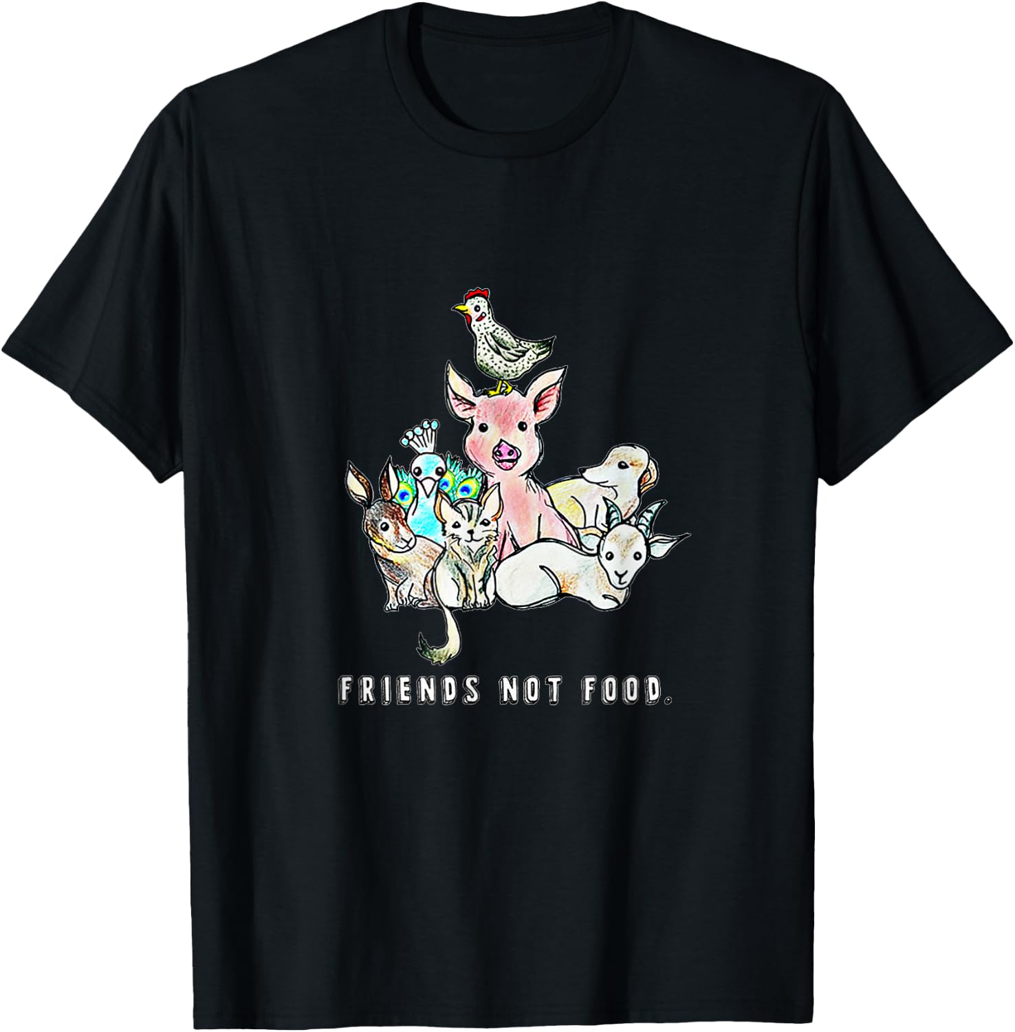 Animals are Friends not Food Pig Cow Sheep Vegan Vegetarian T-Shirt - T-Shirt | Black