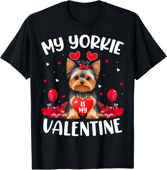 Yorkie Is My Valentine Love Heart Yorkie Dog Valentines Day Men Women Girls Kids T-Shirt - T-Shirt | Black