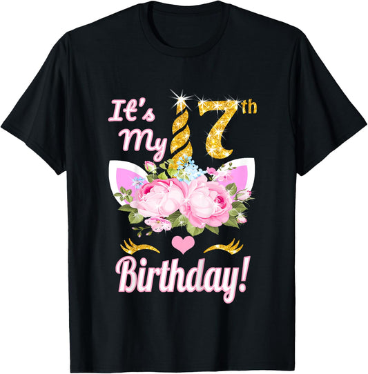 It's My 7th Birthday: 7 Year Old Unicorn Birthday Shirt Girl T-Shirt - T-Shirt | Black