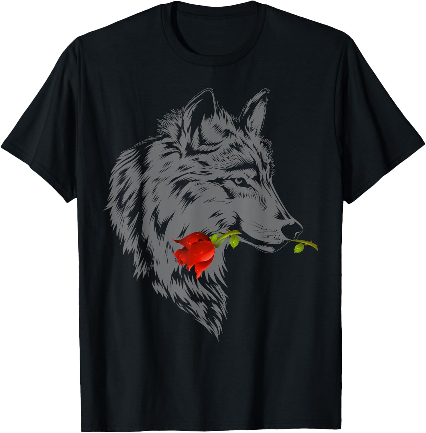 Wolf Rose Shirt | Cute Valentine Gray Wolf Gift T-Shirt - T-Shirt | Black
