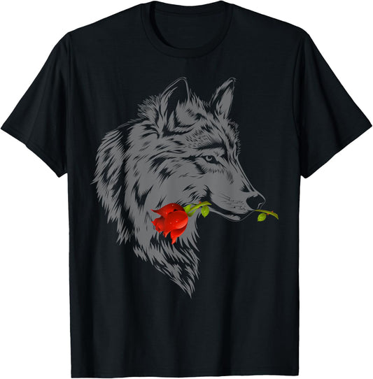 Wolf Rose Shirt | Cute Valentine Gray Wolf Gift T-Shirt - T-Shirt | Black