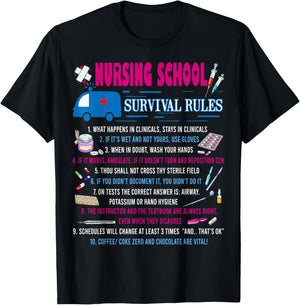 Nursing School Survival Rules Funny Nurse Gift T-Shirt - T-Shirt | Black