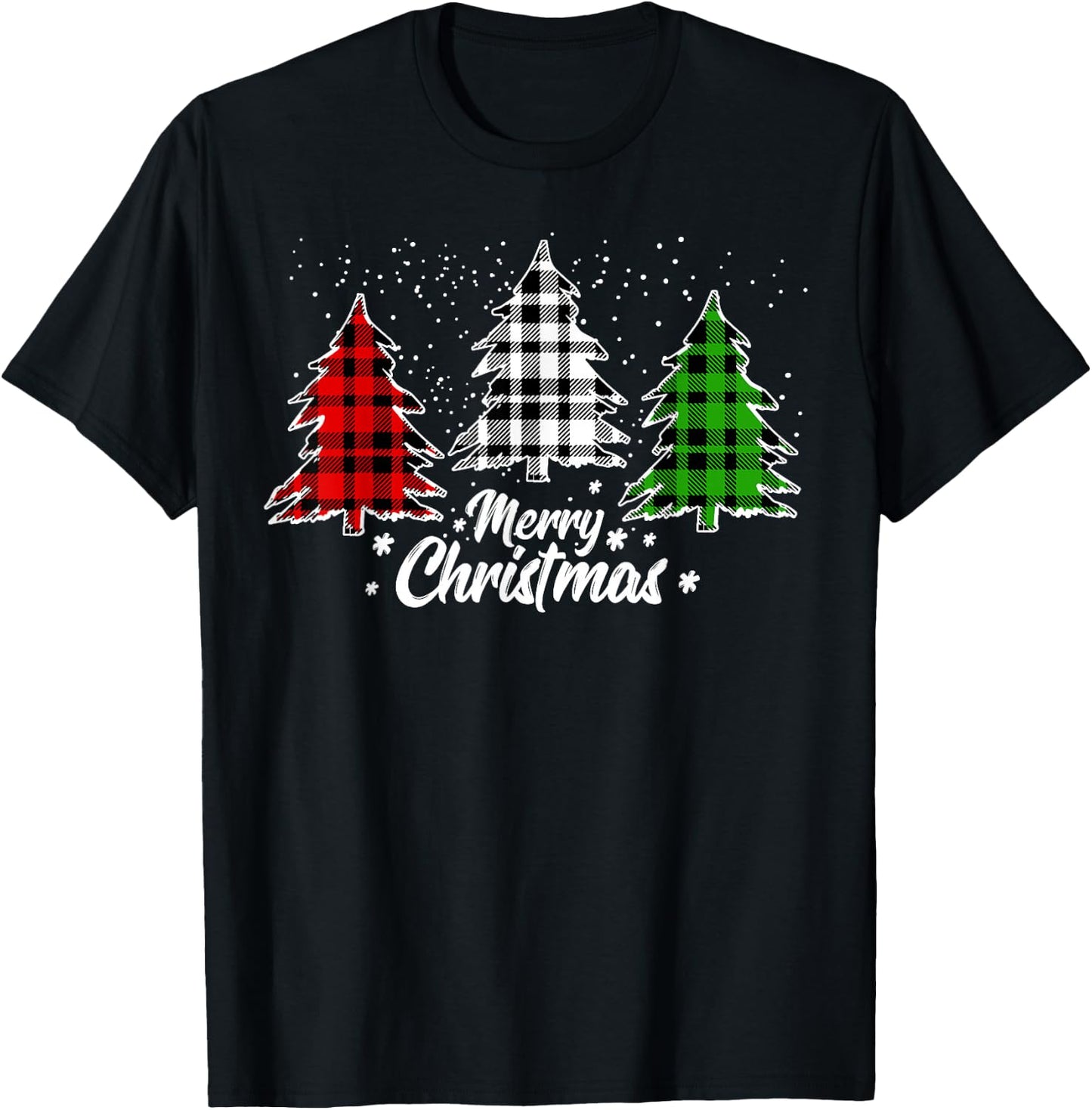 Merry Christmas Tree Xmas Buffalo Plaid Red White Green T-Shirt - T-Shirt | Black
