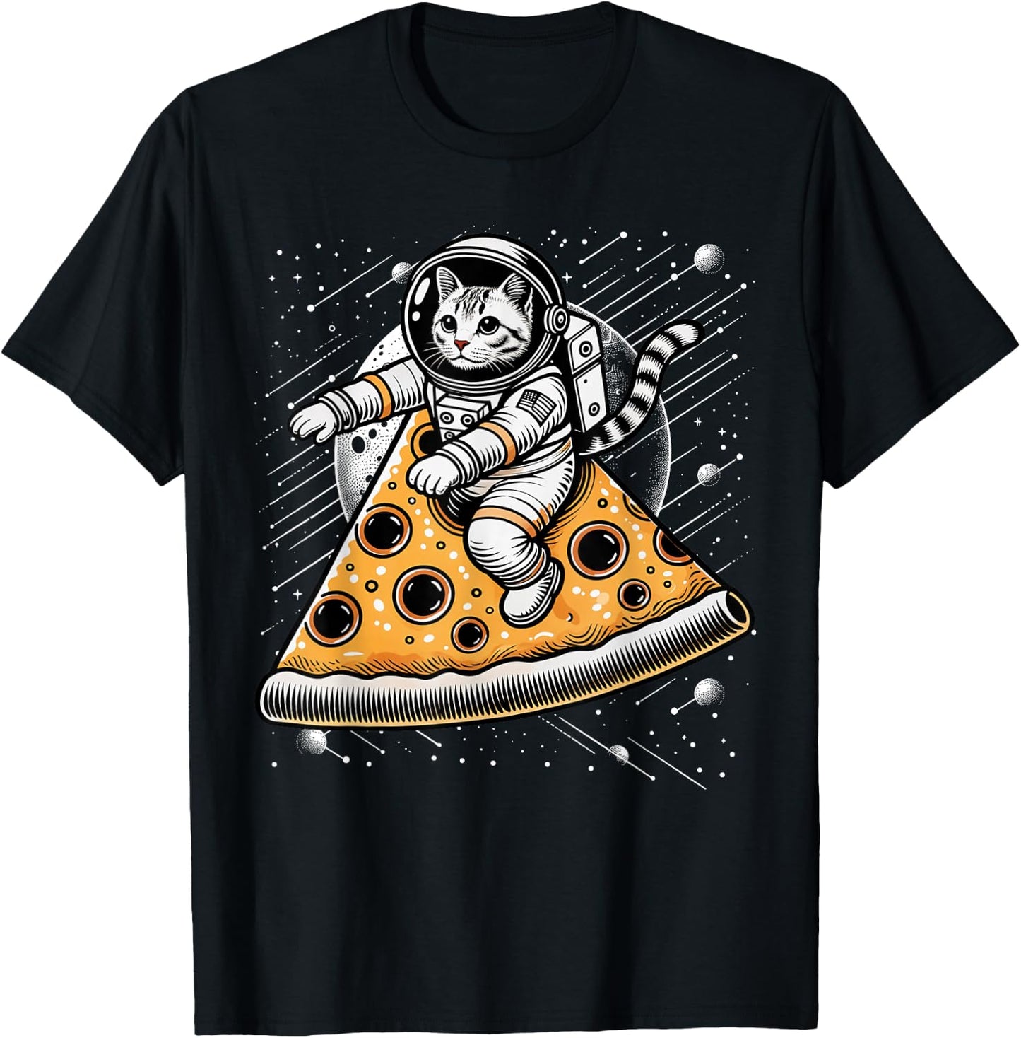 Funny Cat Flying A Pizza Astronaut Kitten Space T-Shirt - T-Shirt | Black
