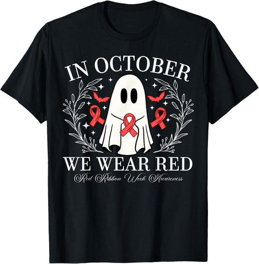 Red Ribbon Week Ghost Design In October We Wear Red T-Shirt - T-Shirt | Black