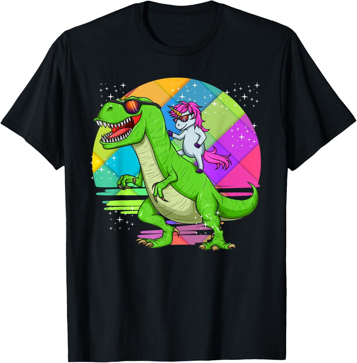Unicorn Riding Dinosaur T Rex Rainbow Cute Fun Gift T-Shirt - T-Shirt | Black