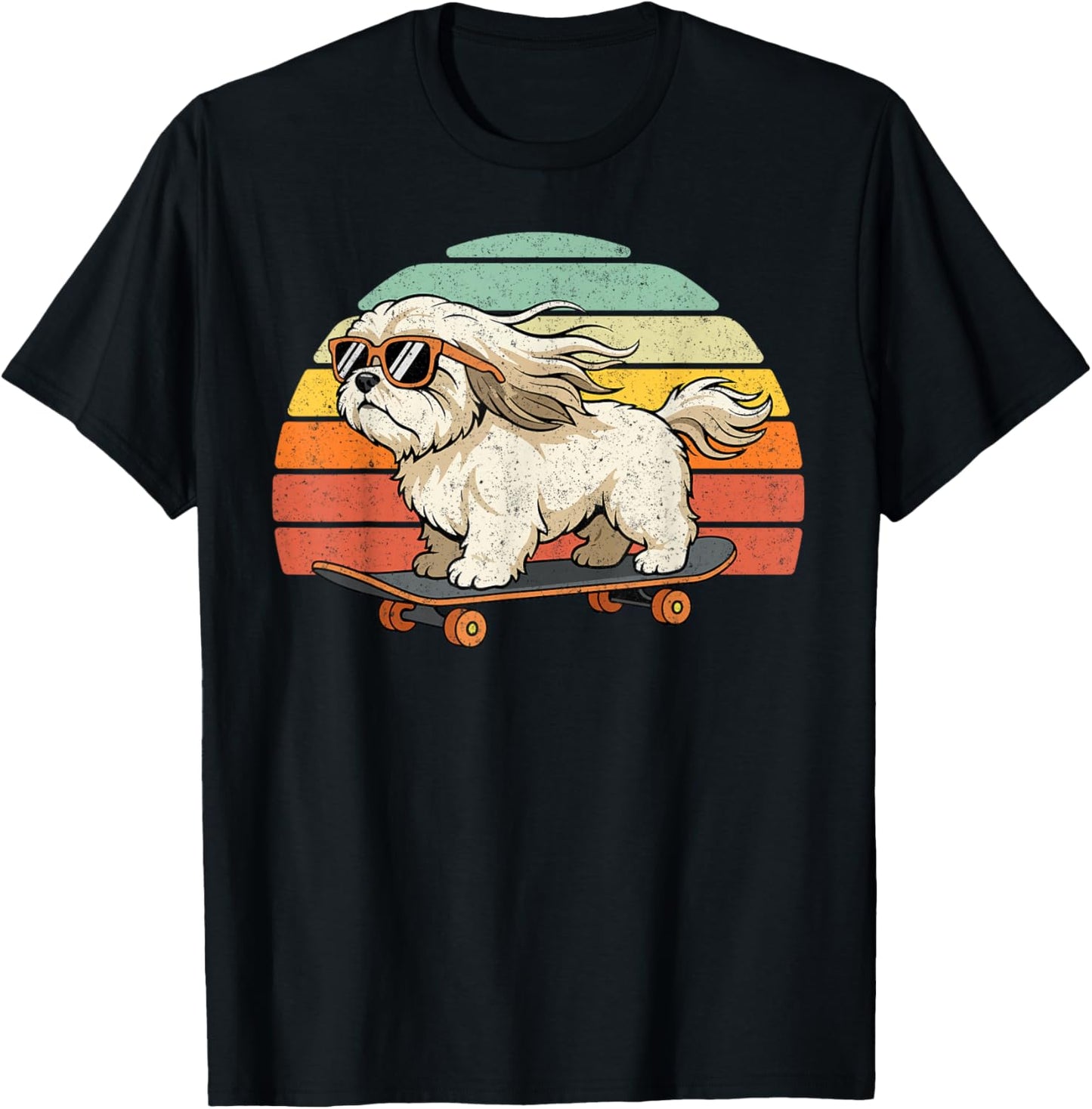 Cool Shih Tzu Dog Skateboard Retro Sunset Vintage Style T-Shirt - T-Shirt | Black