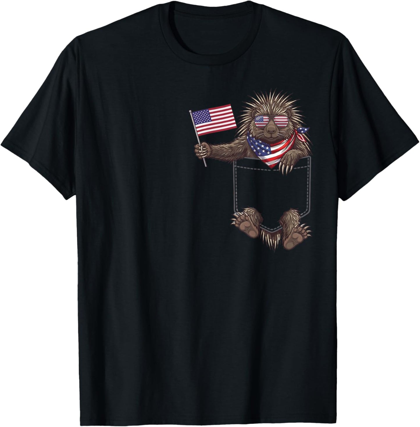 Porcupine Pocket Patriotic American Flag 4th of July USA T-Shirt - T-Shirt | Black