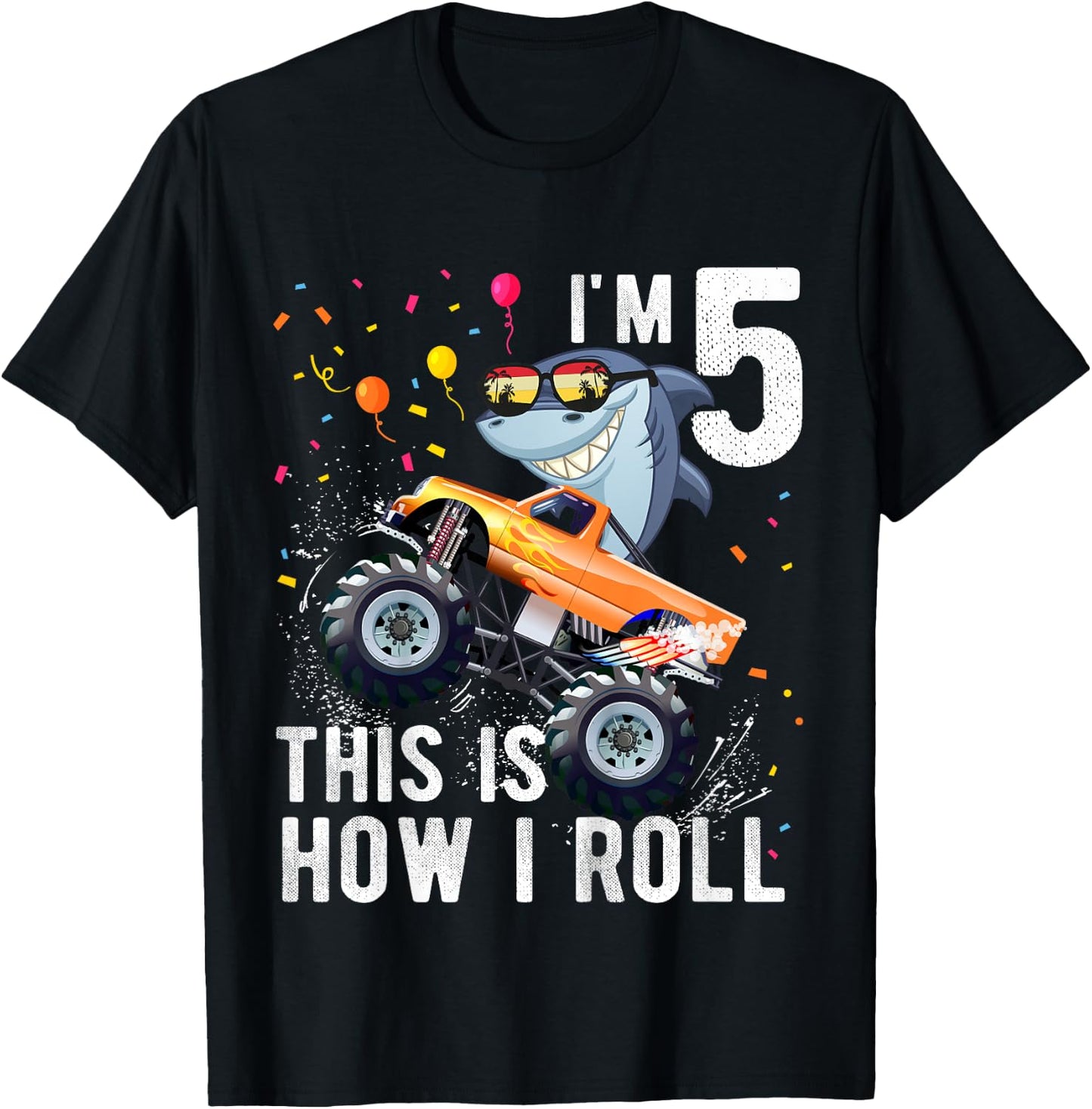 Shark Monster Truck 5th Birthday Boys and Girls T-Shirt - T-Shirt | Black