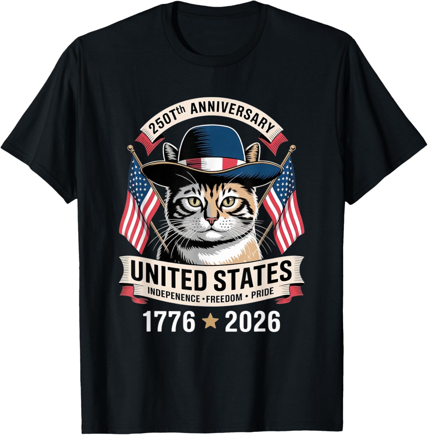 250th Anniversary America Patriotic USA Cat - 4th of July T-Shirt - T-Shirt | Black