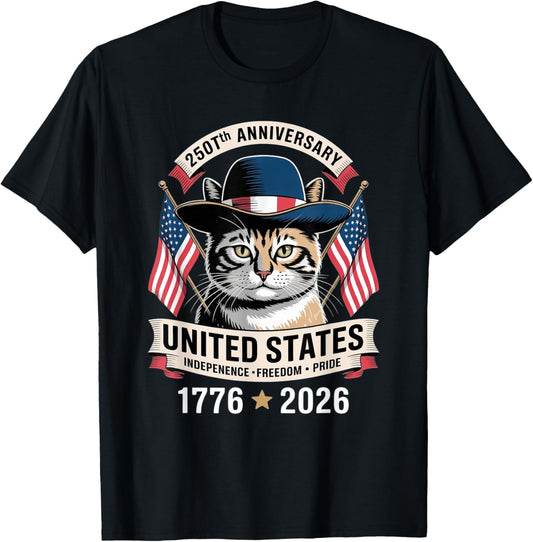250th Anniversary America Patriotic USA Cat - 4th of July T-Shirt - T-Shirt | Black