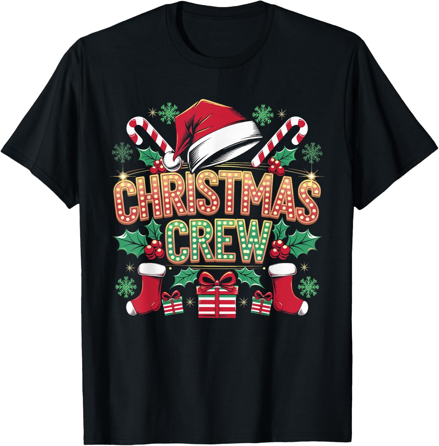Christmas Crew Santa Hat Matching Family Holiday Xmas Party T-Shirt - T-Shirt | Black