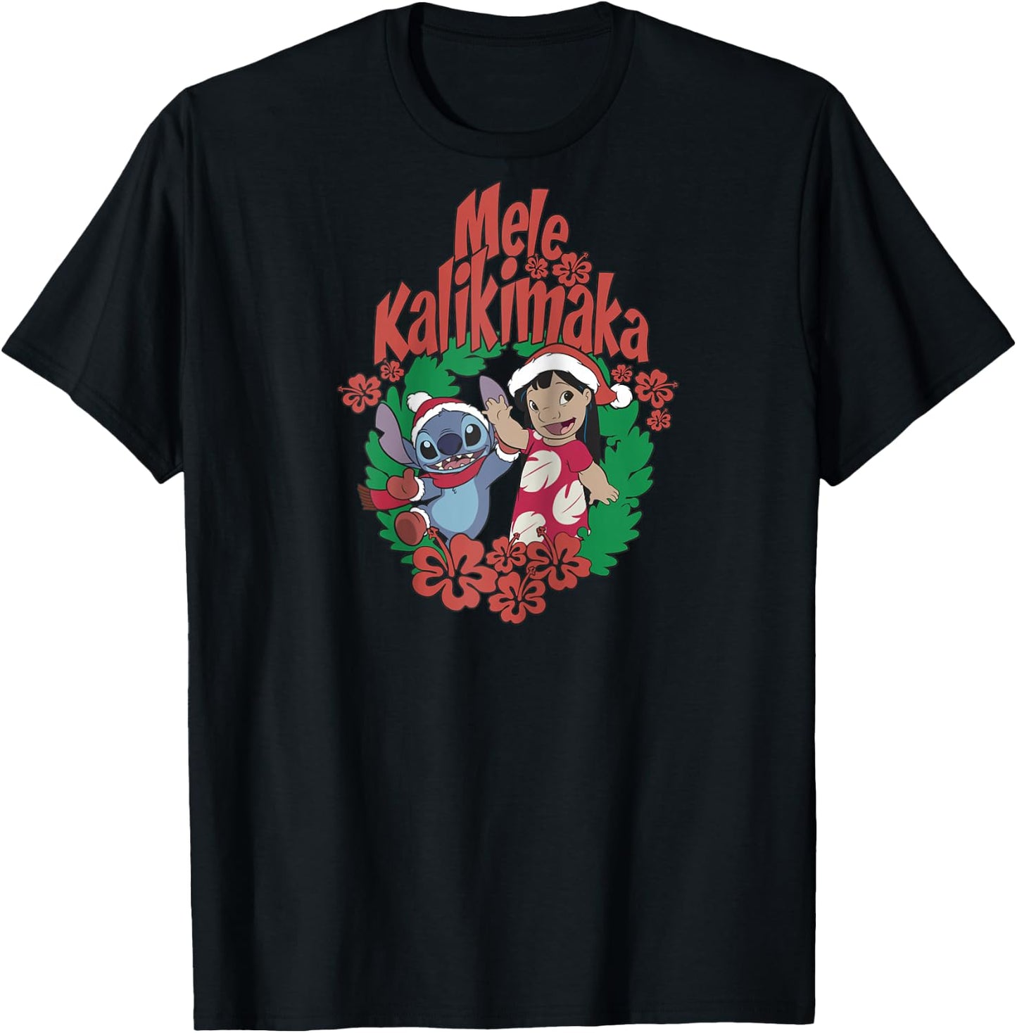 Disney Lilo & Stitch Christmas Mele Kalikimaka Wreath Raglan Baseball T-Shirt - T-Shirt | Black