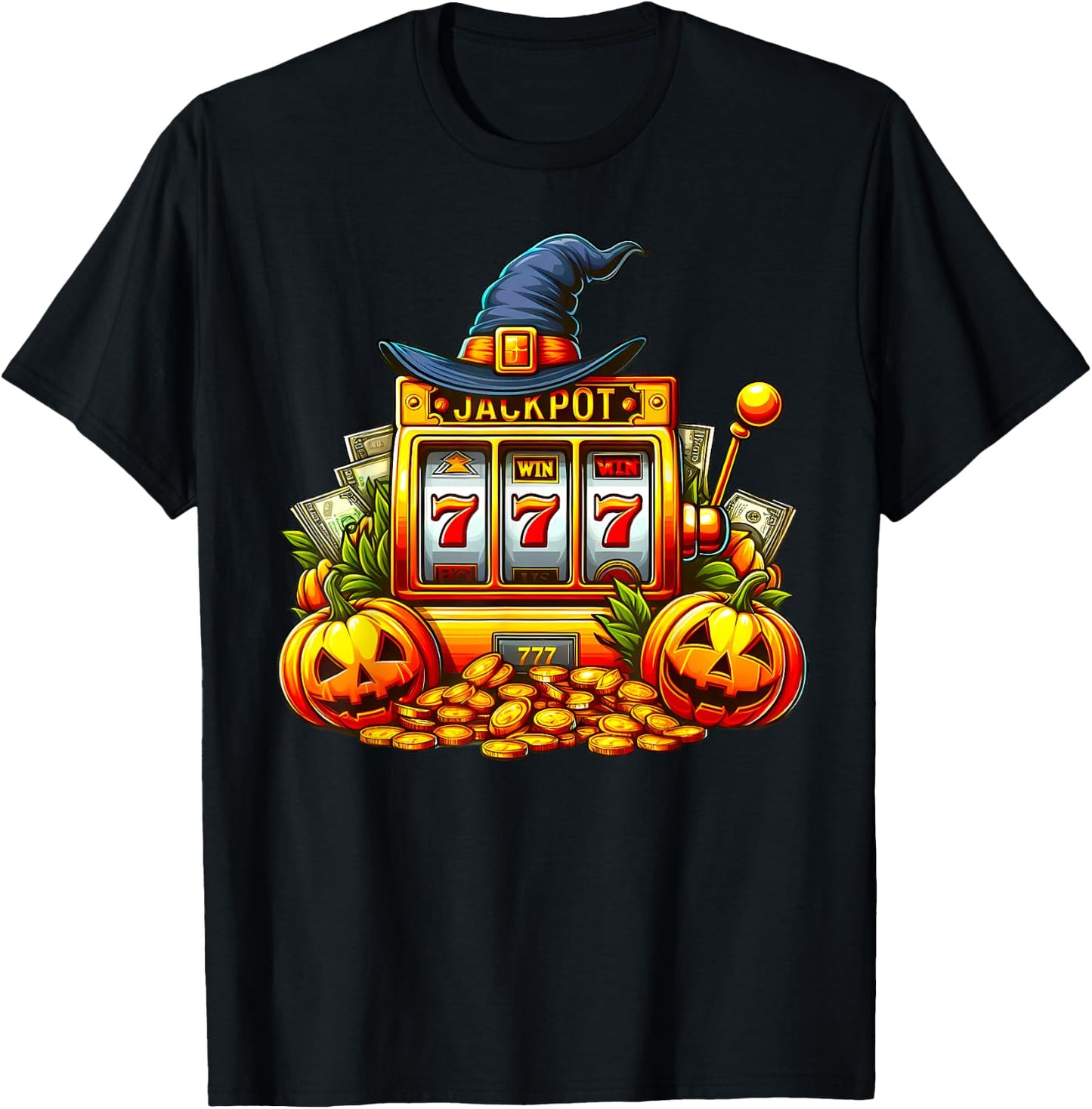Halloween Slot Machine Casino Money Winner Pumpkins Jackpot T-Shirt - T-Shirt | Black