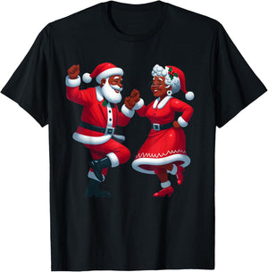 Christmas Dancing Black African American Santa Mrs Claus T-Shirt - T-Shirt | Black