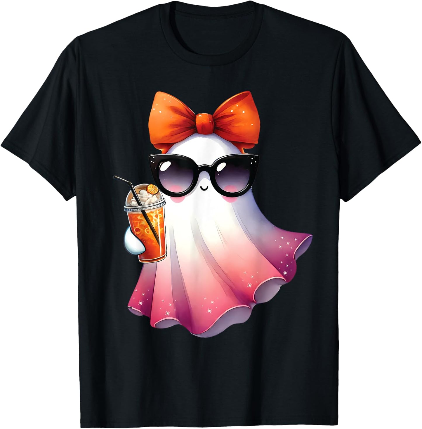 Cute Ghost Drinking Coffee With Halloween Bow Girls T-Shirt - T-Shirt | Black