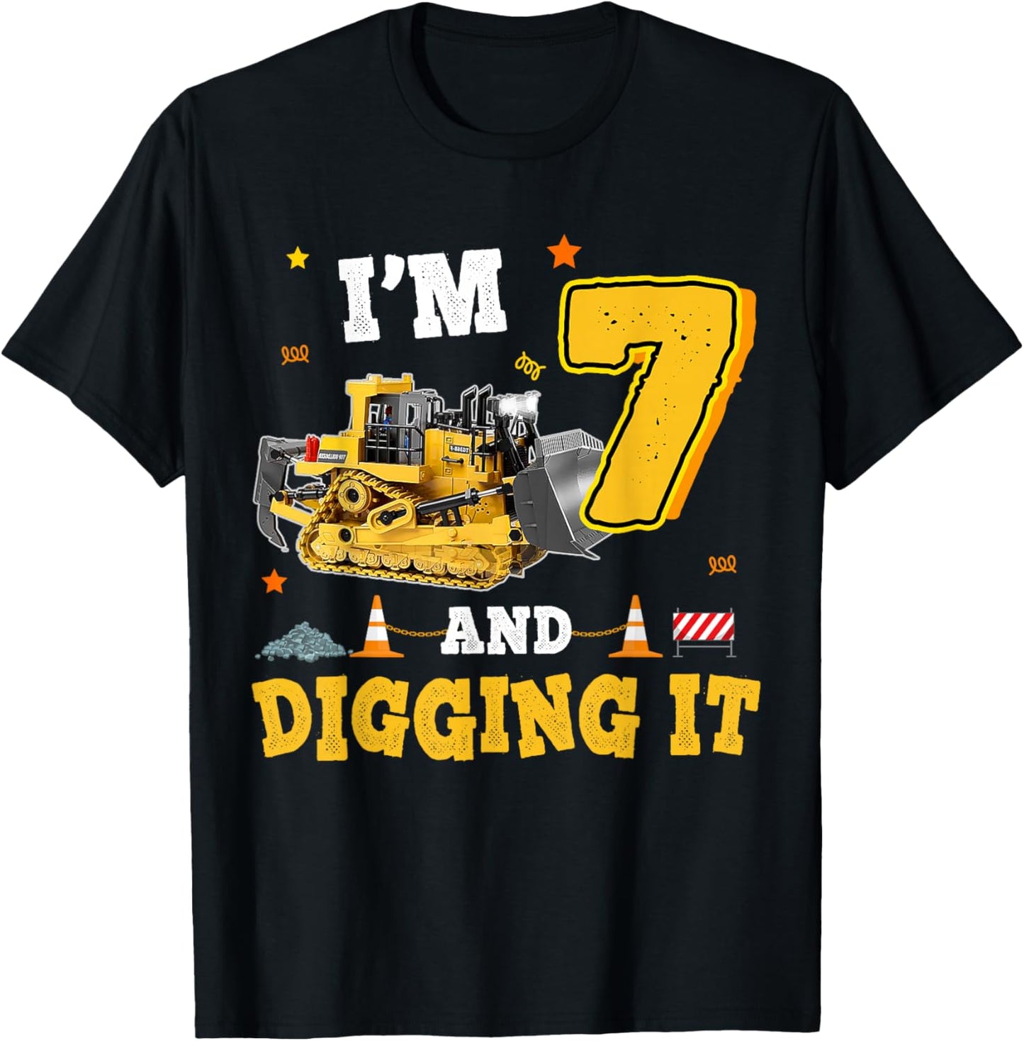 7th Birthday Construction Bulldozer 7yr I'm 7 And Digging It T-Shirt - T-Shirt | Black