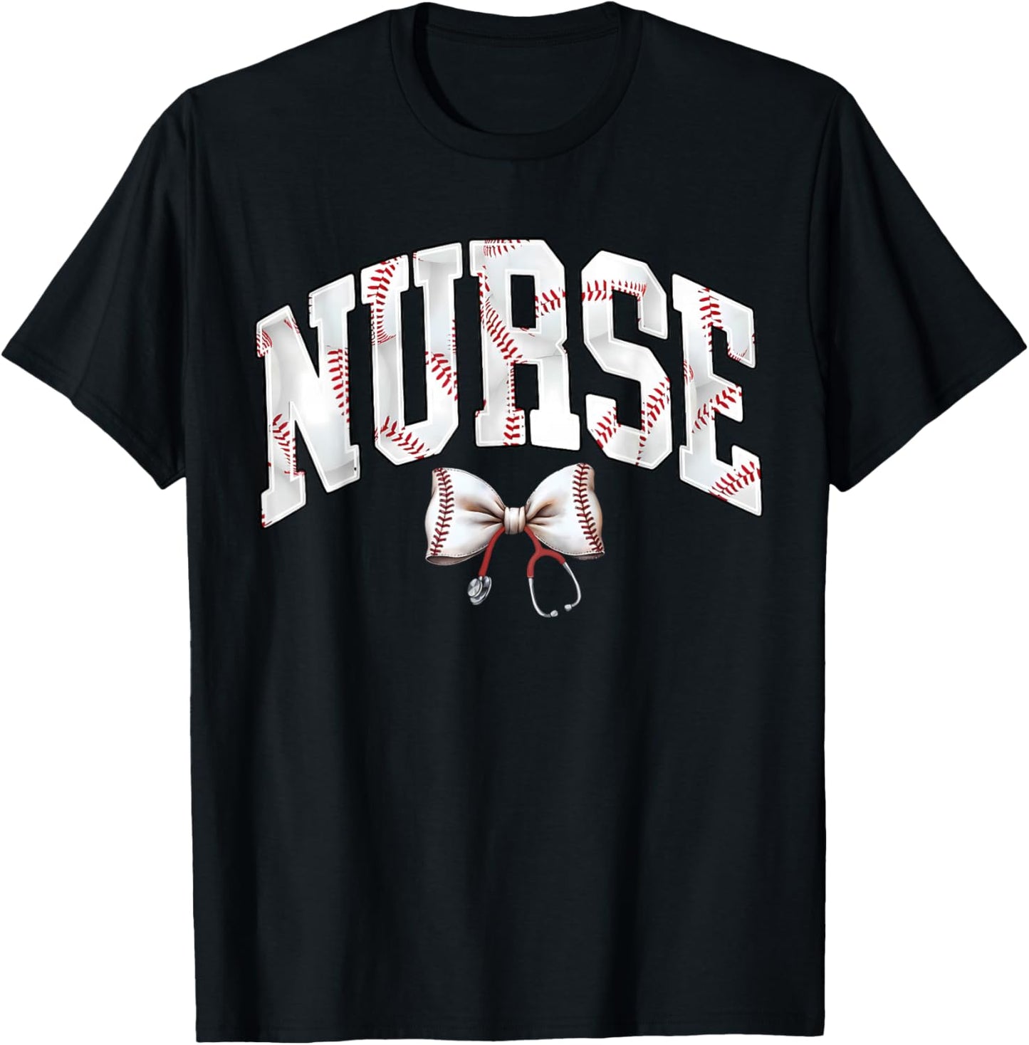 Nurse Baseball Stethoscope Coquette Bow RN Nursing Baseball T-Shirt - T-Shirt | Black