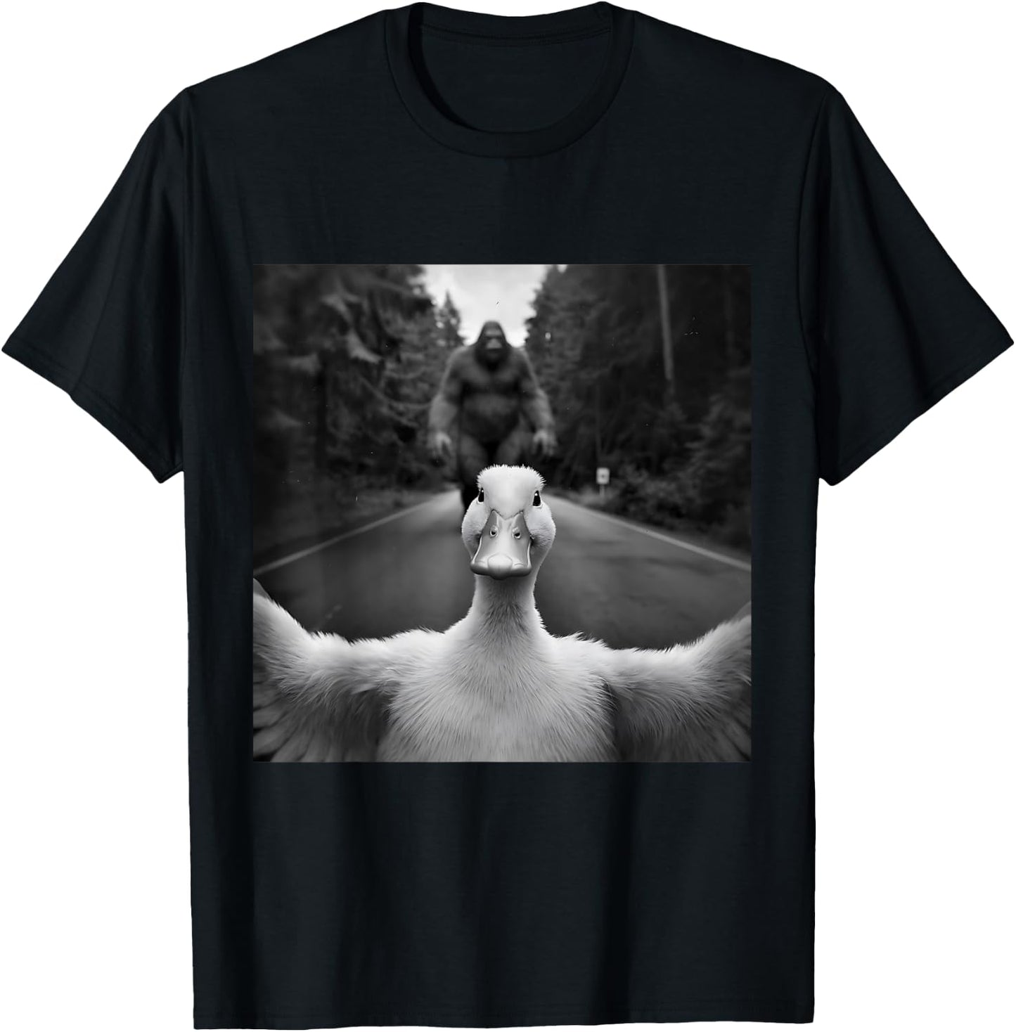 Scared Duck Selfie With Sasquatch Bigfoot, Funny Duck T-Shirt - T-Shirt | Black