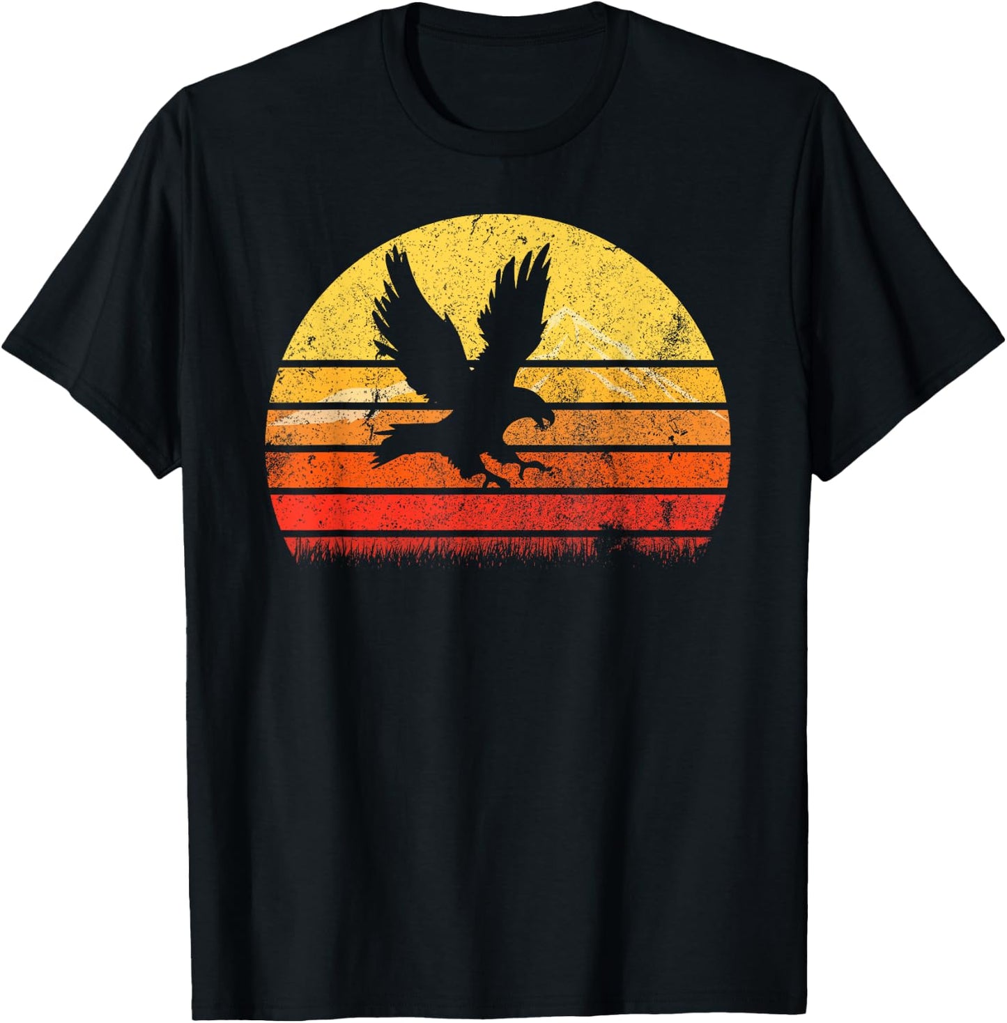 Vintage Retro Hawk Silhouette Sunset Bird Lover Distressed T-Shirt - T-Shirt | Black